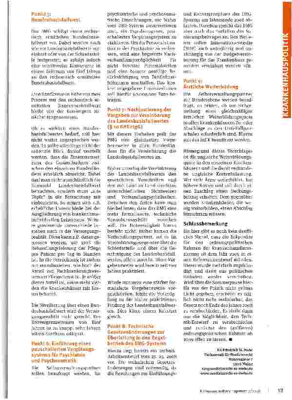 Vorschauseite 3: Gibt die Politik noch Grünes Licht? Punktationspapier für den ordnungspolitischen Rahmen der Krankenhausfinanzierung ab 2009