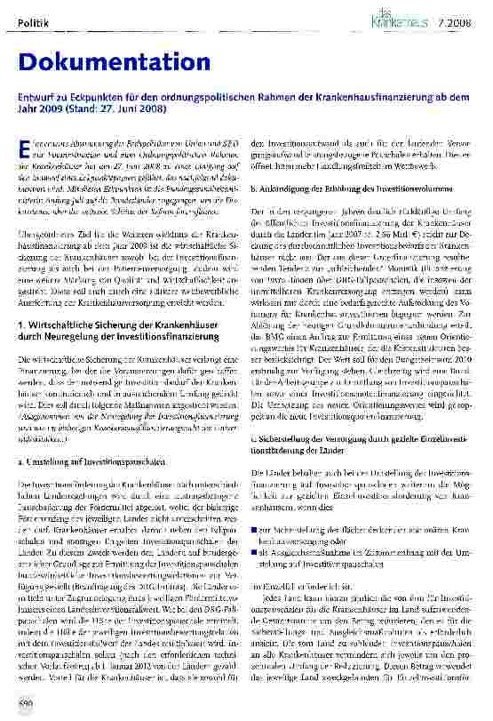 Vorschauseite 1: Dokumentation: Entwurf zu Eckpunkten für den ordnungspolitischen Rahmen der Krankenhausfinanzierung ab dem Jahr 2009 (Stand: 27. Juni 2008)