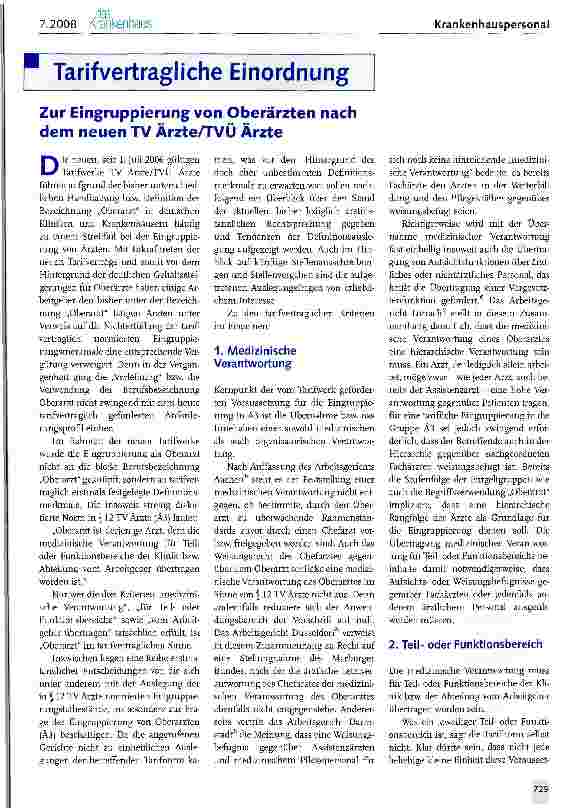Vorschauseite 1: Tarifvertragliche Einordnung Zur Eingruppierung von Oberärzten nach dem neuen TV Ärzte/TVÜ Ärzte