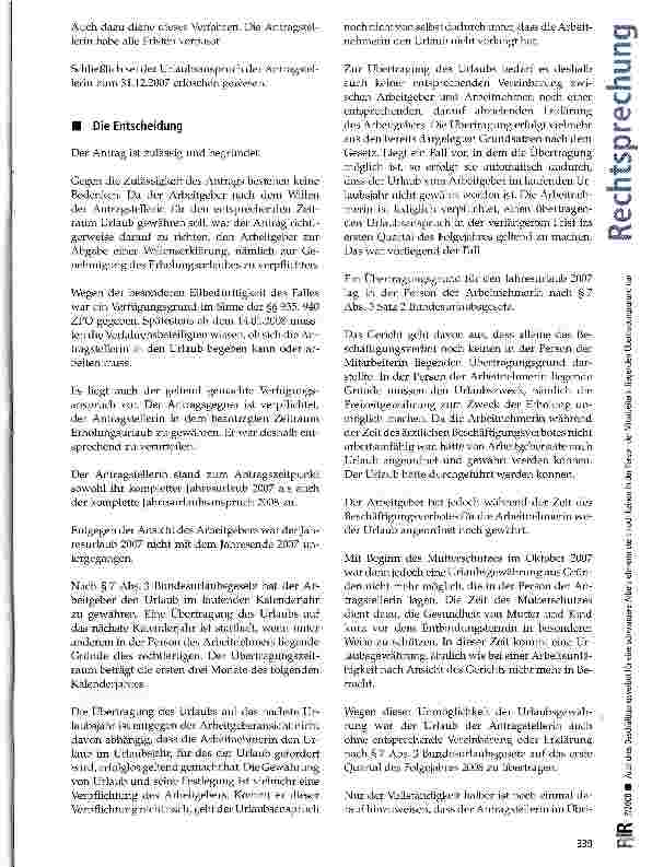 Vorschauseite 3: Ärztliches Beschäftigungsverbot für eine schwangere Arbeitnehmerin stellt noch keinen in der Person der Mitarbeiterin liegenden Übertragungsgrund dar