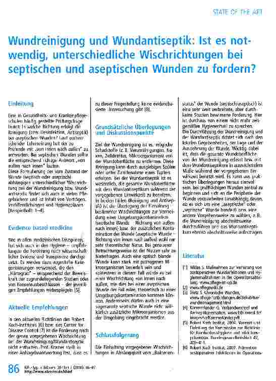 Vorschauseite 1: Wundreinigung und Wundantiseptik: Ist es notwendig, unterschiedliche Wischrichtungen bei septischen und aseptischen Wunden zu fordern?