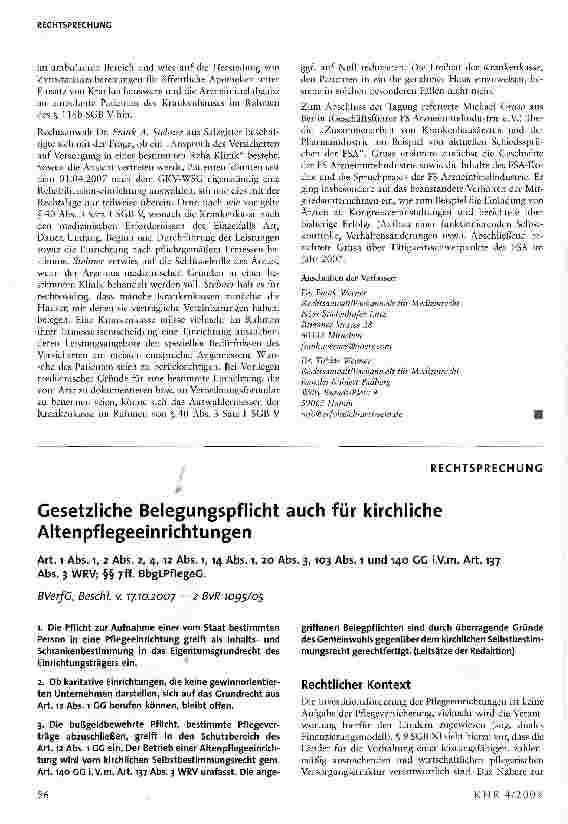 Vorschauseite 1: Gesetzliche Belegungspflicht auch für kirchliche Altenpflegeeinrichtungen