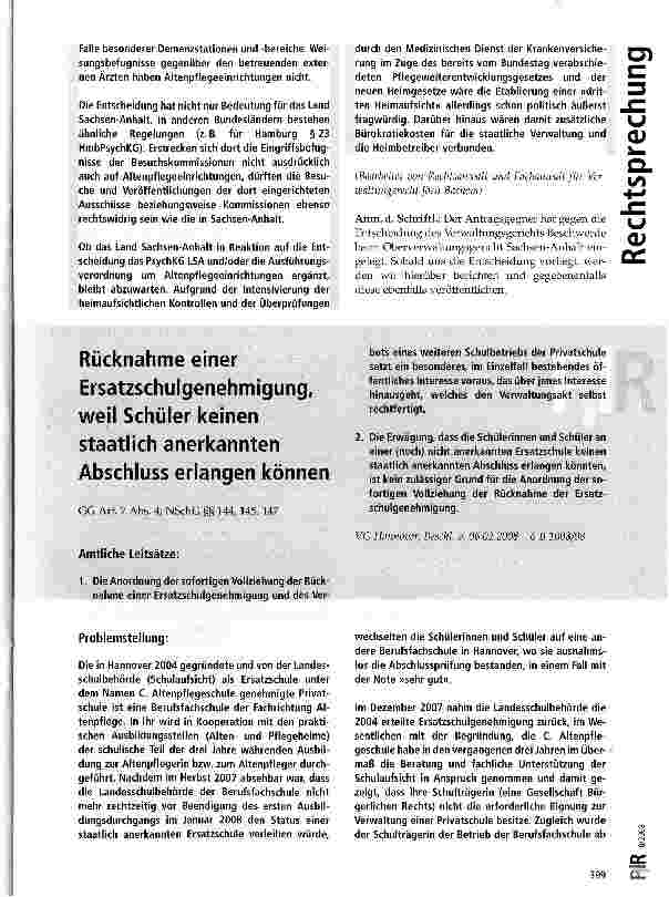 Vorschauseite 1: Rücknahme einer Ersatzschulgenehmigung, weil Schüler keinen staatlich anerkannten Abschluss erlangen können
