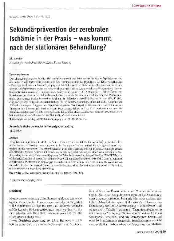 Vorschauseite 1: Sekundärprävention der zerebralen Ischämie in der Praxis - was kommt nach der stationären Behandlung?