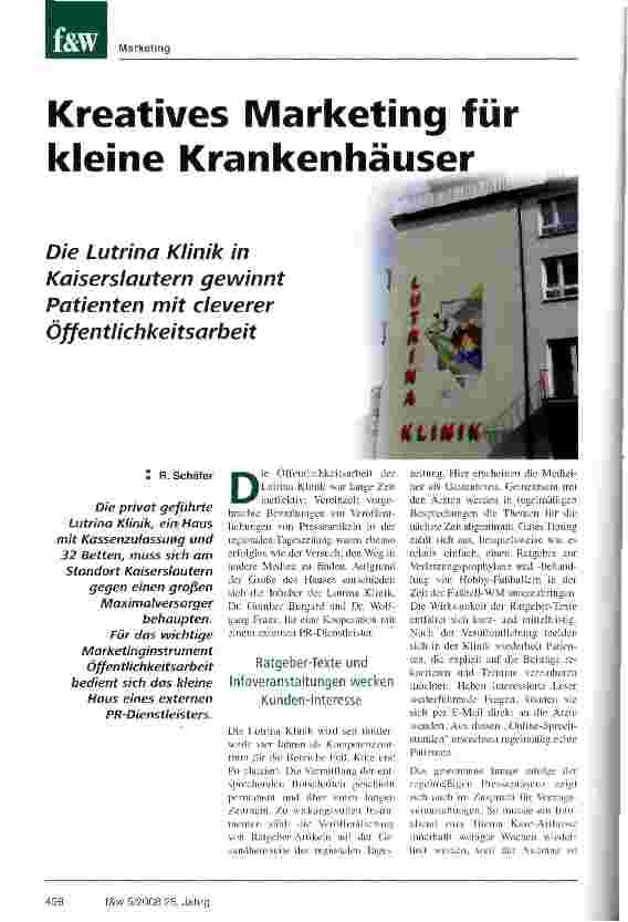 Vorschauseite 1: Kreatives Marketing für kleine KrankenhäuserDie Lutrina Klinik in Kaiserslautern gewinnt Patienten mit cleverer Öffentlichkeitsarbeit