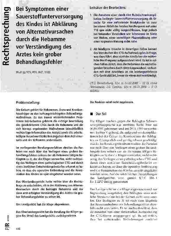 Vorschauseite 1: Bei Symptomen einer Sauerstoffunterversorgung des Kindes ist Abklärung von Alternativursachen durch die Hebamme vor Verständigung des Arztes kein grober Behandlungsfehler