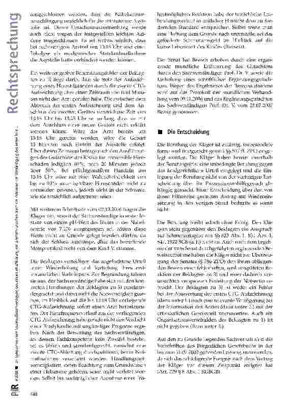 Vorschauseite 3: Bei Symptomen einer Sauerstoffunterversorgung des Kindes ist Abklärung von Alternativursachen durch die Hebamme vor Verständigung des Arztes kein grober Behandlungsfehler