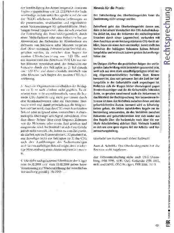 Vorschauseite 6: Bei Symptomen einer Sauerstoffunterversorgung des Kindes ist Abklärung von Alternativursachen durch die Hebamme vor Verständigung des Arztes kein grober Behandlungsfehler