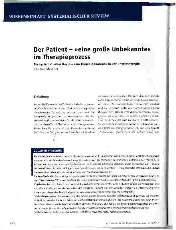 Vorschauseite 1: Der Patient - »eine große Unbekannte« im TherapieprozessEin systematischer Review zum Thema Adherence in der Physiotherapie Thomas Messner