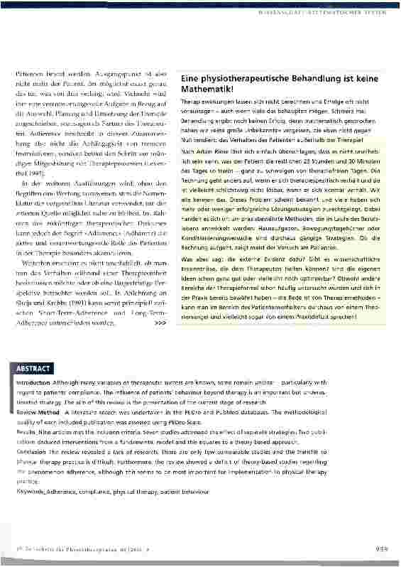 Vorschauseite 2: Der Patient - »eine große Unbekannte« im TherapieprozessEin systematischer Review zum Thema Adherence in der Physiotherapie Thomas Messner