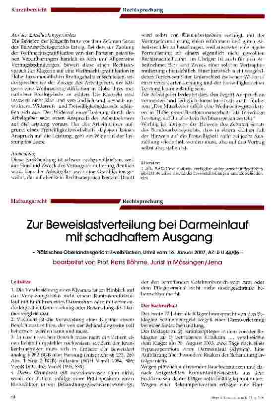 Vorschauseite 1: Zur Beweislastverteilung bei Darmeinlauf mit schadhaftem Ausgang
