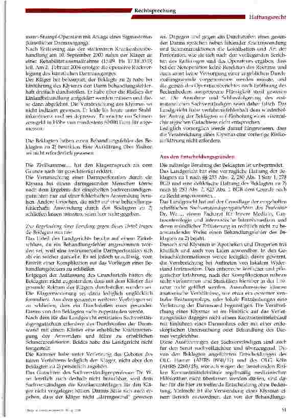 Vorschauseite 2: Zur Beweislastverteilung bei Darmeinlauf mit schadhaftem Ausgang