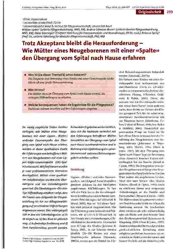 Vorschauseite 1: Trotz Akzeptanz bleibt die Herausforderung -Wie Mütter eines Neugeborenen mit einer «Spalte» den Übergang vom Spital nach Hause erfahren
