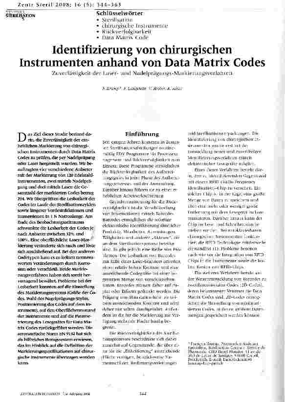 Vorschauseite 1: Identifizierung von chirurgischen Instrumenten anhand von Data Matrix CodesZuverlässigkeit der Laserund Nadelprägungs-Markierungsverfahren