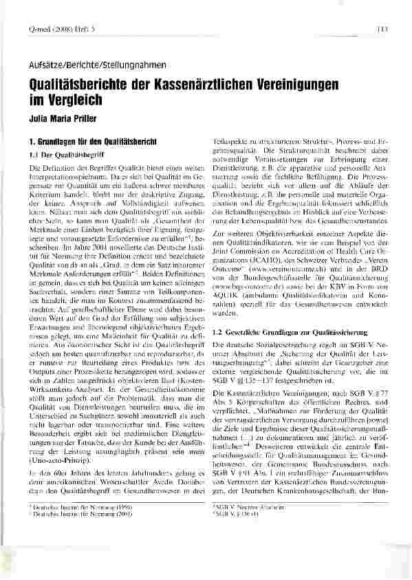 Vorschauseite 1: Qualitätsberichte der Kassenärztlichen Vereinigungen im Vergleich