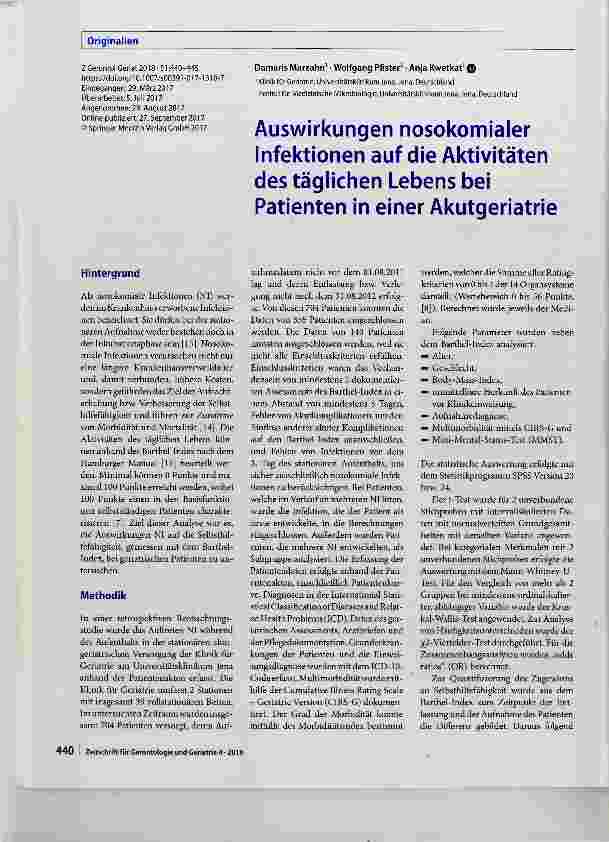 Vorschauseite 1: Auswirkungen nosokomialer Infektionen auf die Aktivitäten des täglichen Lebens bei Patienten in einer Akutgeriatrie