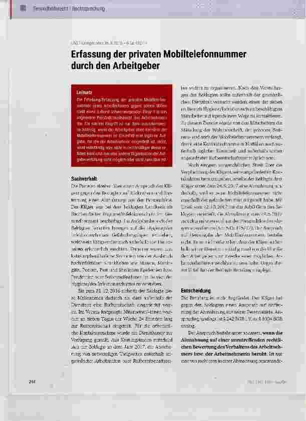 Vorschauseite 1: Erfassung der privaten Mobiltelefonnummer durch den Arbeitgeber