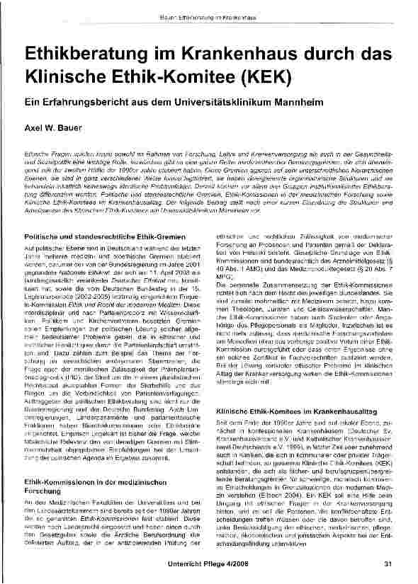 Vorschauseite 1: Ethikberatung im Krankenhaus durch das Klinische Ethik-Komitee (KEK) Ein Erfahrungsbericht aus dem Universitätsklinikum Mannheim