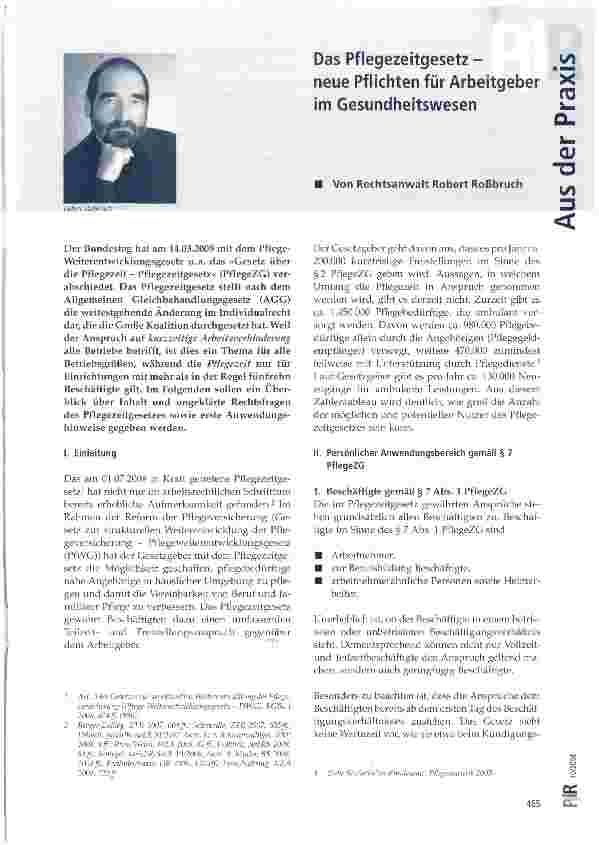 Vorschauseite 1: Das Pflegezeitgesetz neue Pflichten für Arbeitgeber im Gesundheitswesen