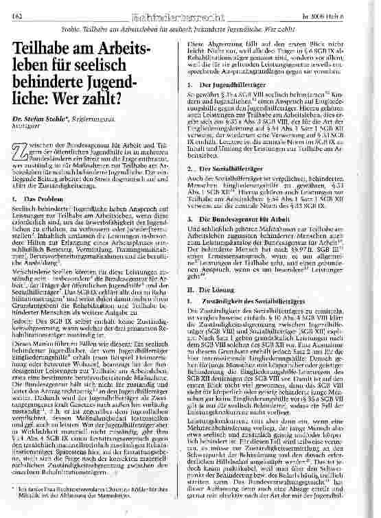 Vorschauseite 1: Teilhabe am Arbeitsleben für seelisch behinderte Jugendliche: Wer zahlt?