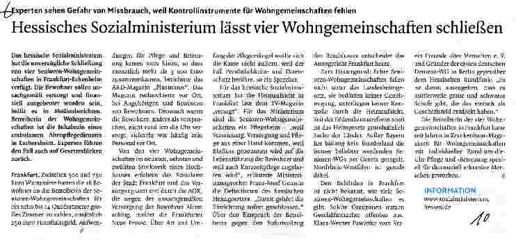 Vorschauseite 1: Hessisches Sozialministerium lässt vier Wohngemeinschaften schließen