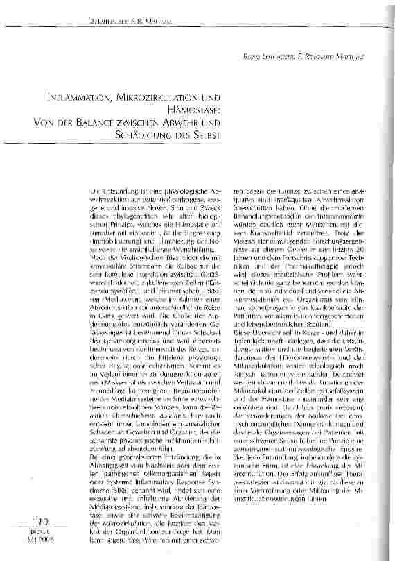 Vorschauseite 1: INFLAMMATION, MIKROZIRKULATION UND HÄMOSTASE: VON DER BALANCE ZWISCHEN ABWEHR UNDSCHÄDIGUNG DES SELBST