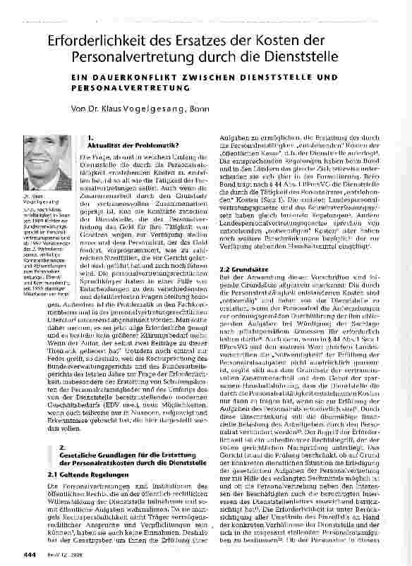 Vorschauseite 1: Erforderlichkeit des Ersatzes der Kosten der Personalvertretung durch die DienststelleEIN DAUERKONFLIKT ZWISCHEN DIENSTSTELLE UND PERSONALVERTRETUNG