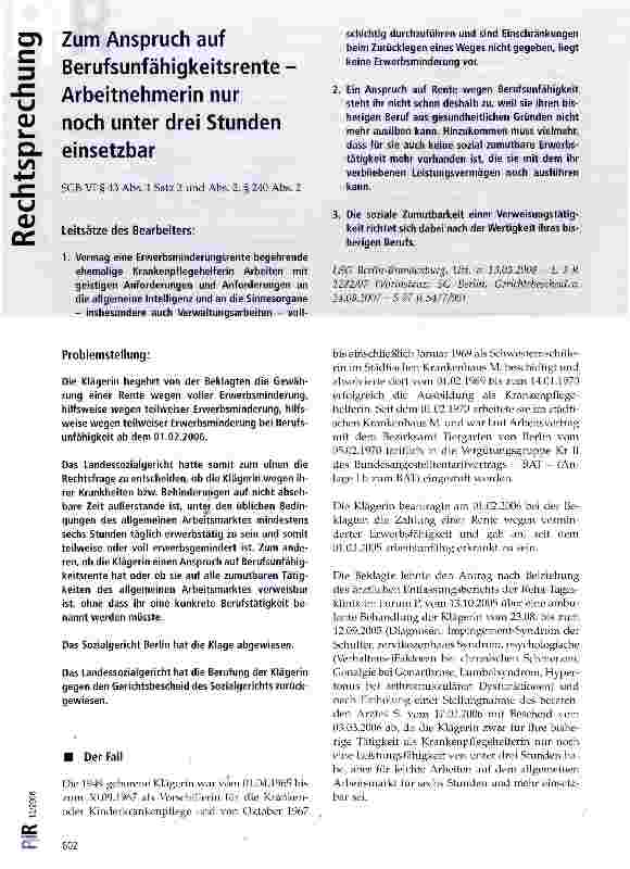 Vorschauseite 1: Zum Anspruch auf Berufsunfähigkeitsrente -Arbeitnehmerin nur noch unter drei Stunden einsetzbar