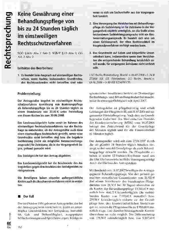Vorschauseite 1: Keine Gewährung einer Behandlungspflege von bis zu 24 Stunden täglich im einstweiligen Rechtsschutzverfahren