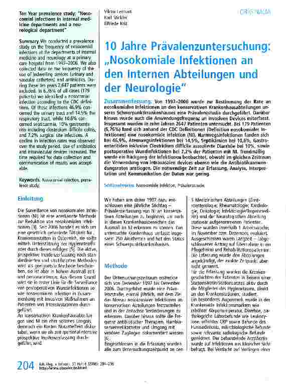 Vorschauseite 1: 10 Jahre Prävalenzuntersuchung: „Nosokomiale Infektionen an den Internen Abteilungen und der Neurologie