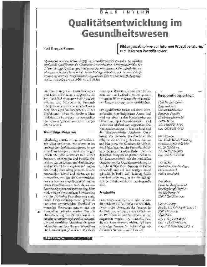 Vorschauseite 1: Qualitätsentwicklung im Gesundheitswesen Bildungsmaßnahme zur/m internen Prozeßberater/in