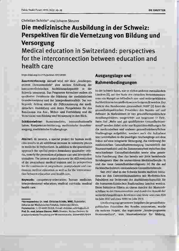 Vorschauseite 1: Die medizinische Ausbildung in der Schweiz: Perspektiven für die Vernetzung von Bildung und Versorgung