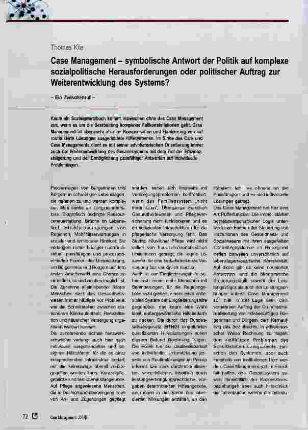 Vorschauseite 1: Case Management symbolische Antwort der Politik auf komplexe sozialpolitische Herausforderungen oder politischer Auftrag zur Weiterentwicklung des Systems?