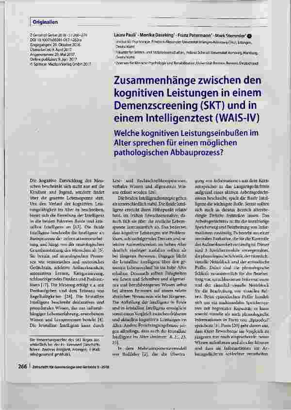 Vorschauseite 1: Zusammenhänge zwischen den kognitiven Leistungen in einem Demenzscreening (SKT) und in einem Intelligenztest (WAIS-IV)