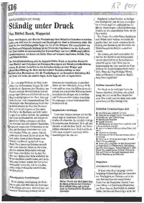 Vorschauseite 1: Dekubitusprophylaxe und -therapie Ständig unter Druck