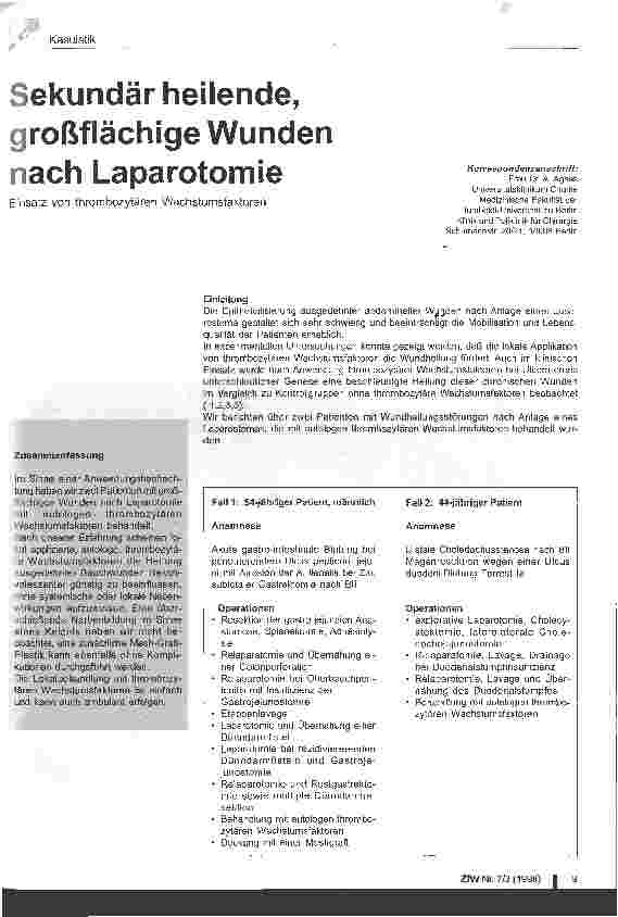 Vorschauseite 1: Sekundär heilende, großflächige Wunden nach Laparotomie Einsatz von thrombotzytären Wachstumsfaktoren