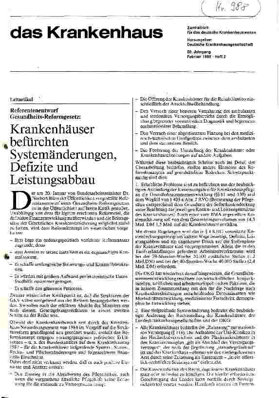 Vorschauseite 1: Krankenhäuser befürchten Systemänderungen, Defizite und Leistungsabbau Referentenentwurf Gesundheitsreformgesetz