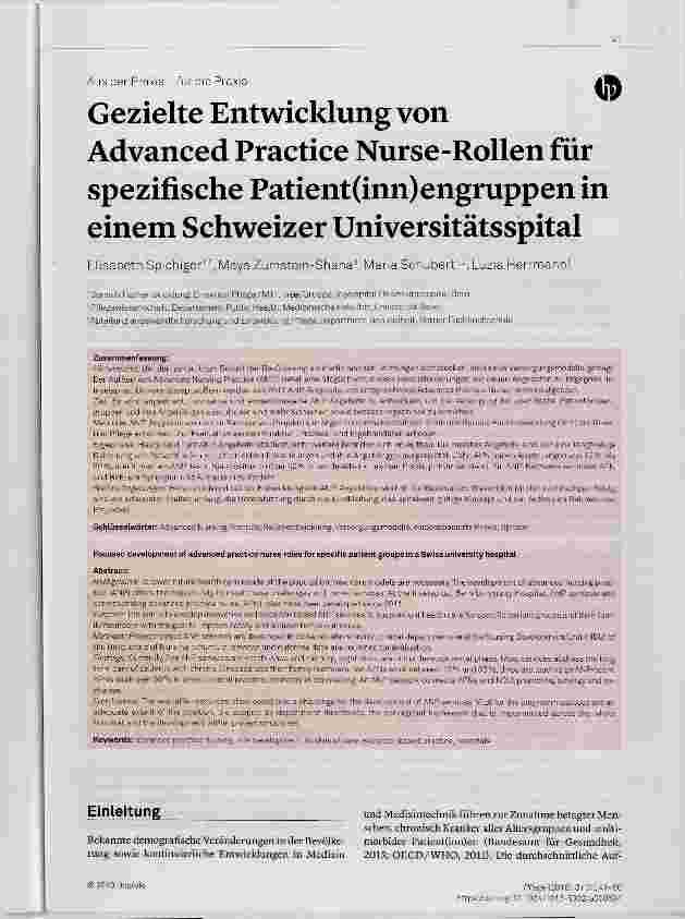 Vorschauseite 1: Gezielte Entwicklung von Advanced Practice Nurse-Rollen für spezifische Patient(inn)engruppen in einem Schweizer Universitätsspital