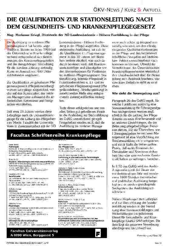 Vorschauseite 1: Die Qualifikation zur Stationsleitung nach dem Gesundheitsund Krankenpflegegesetz