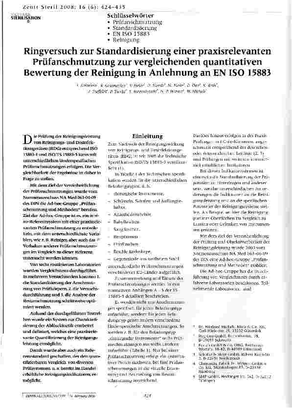 Vorschauseite 1: Ringversuch zur Standardisierung einer praxisrelevanten Prüfanschmutzung zur vergleichenden quantitativen Bewertung der Reinigung in Anlehnung an EN ISO 15883