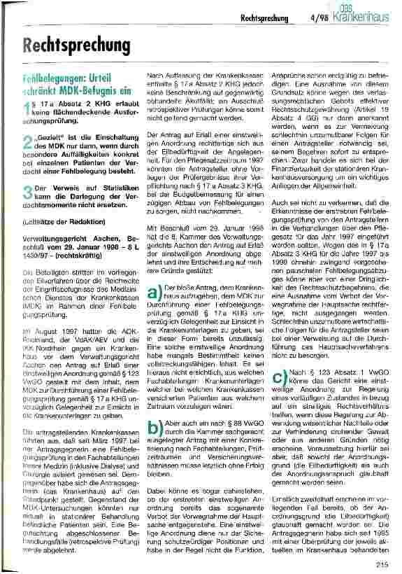 Vorschauseite 1: Fehlbelegungen: Urteil schränkt MDK-Befugnis ein Rechtssprechung