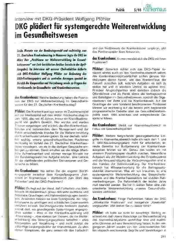 Vorschauseite 1: DKG plädiert für systemgerechte Weiterentwicklung im Gesundheitswesen Interview