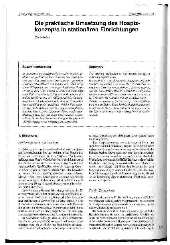 Vorschauseite 1: Die praktische Umsetzung des Hospizkonzepts in stationären Einrichtungen