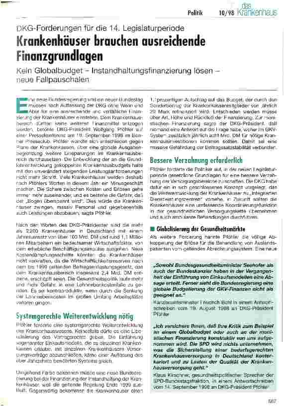 Vorschauseite 1: Krankenhäuser brauchen ausreichende Finanzgrundlagen Kein Globalbudget - Instandhaltgs. finanzierung lösen - neue Fallpauschalen