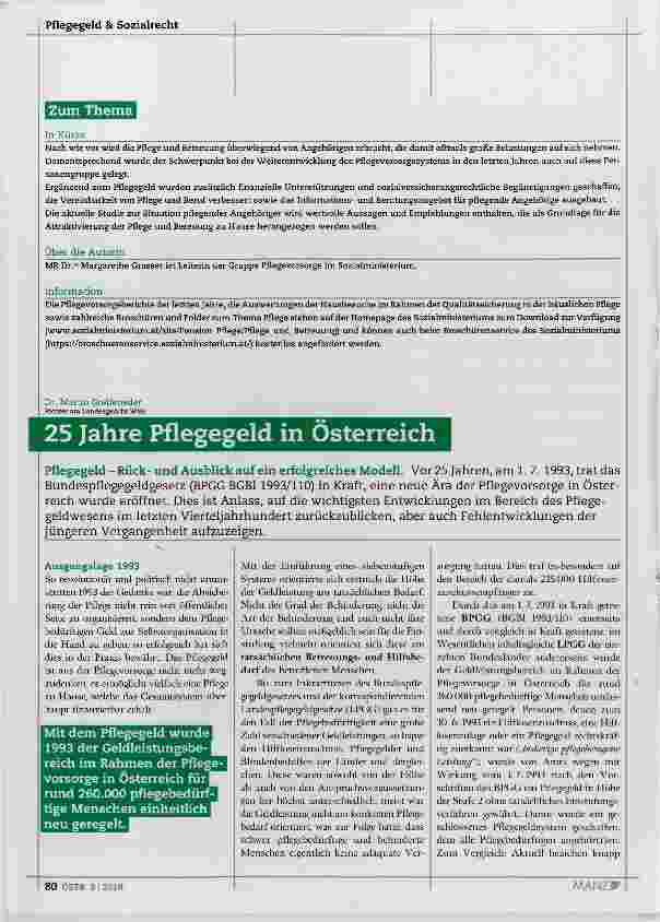 Vorschauseite 5: 25 Jahre Weiterentwicklung der Pflegevorsorge Schwerpunkt pflegende Angehörige