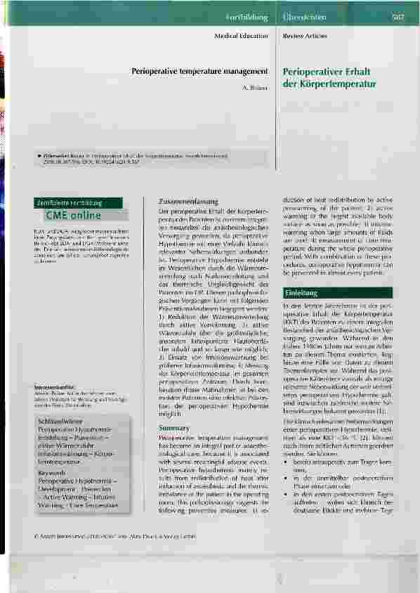 Vorschauseite 1: Perioperativer Erhalt der Körpertemperatur