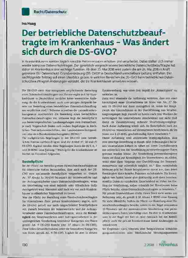 Vorschauseite 1: Der betriebliche Datenschutzbeauftragte im Krankenhaus Was ändert sich durch die DS-GVO?
