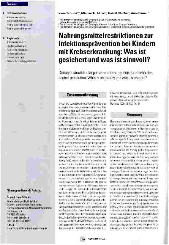 Vorschauseite 1: Nahrungsmittelrestriktionen zur Infektionsprävention bei Kindern mit Krebserkrankung: Was ist gesichert und was ist sinnvoll?