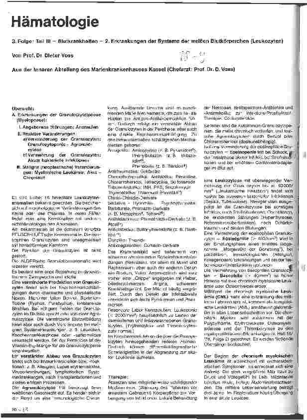 Vorschauseite 1: Hämatologie 3. Folge: Teil III -- Bluterkrankungen - 2. Erkrankungen des Systems der weißen Blutkörperchen (Leukozyten)