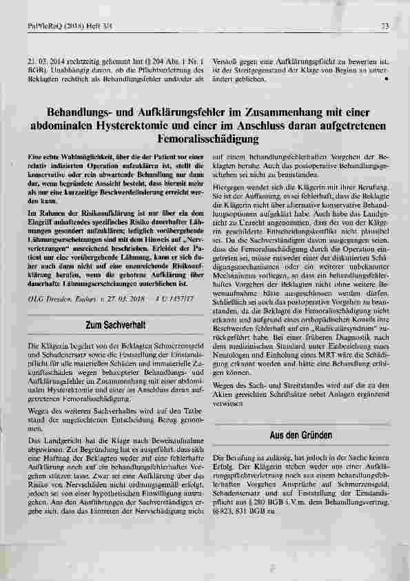 Vorschauseite 1: Behandlungsund Aufklärungsfehler im Zusammenhang mit einer abdominalen Hysterektomie und einer im Anschluss daran aufgetretenen Femoralisschädigung